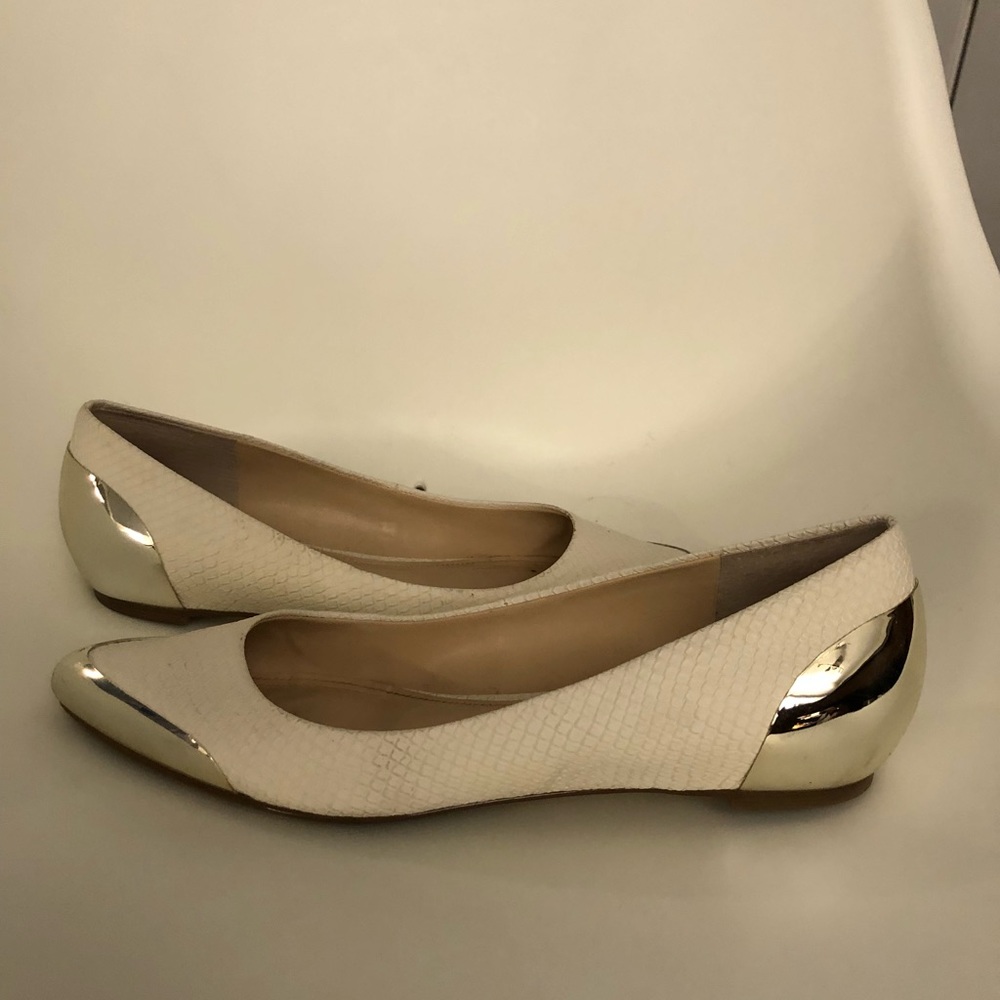 Enzo Angiolini white flat with gold heel and toe